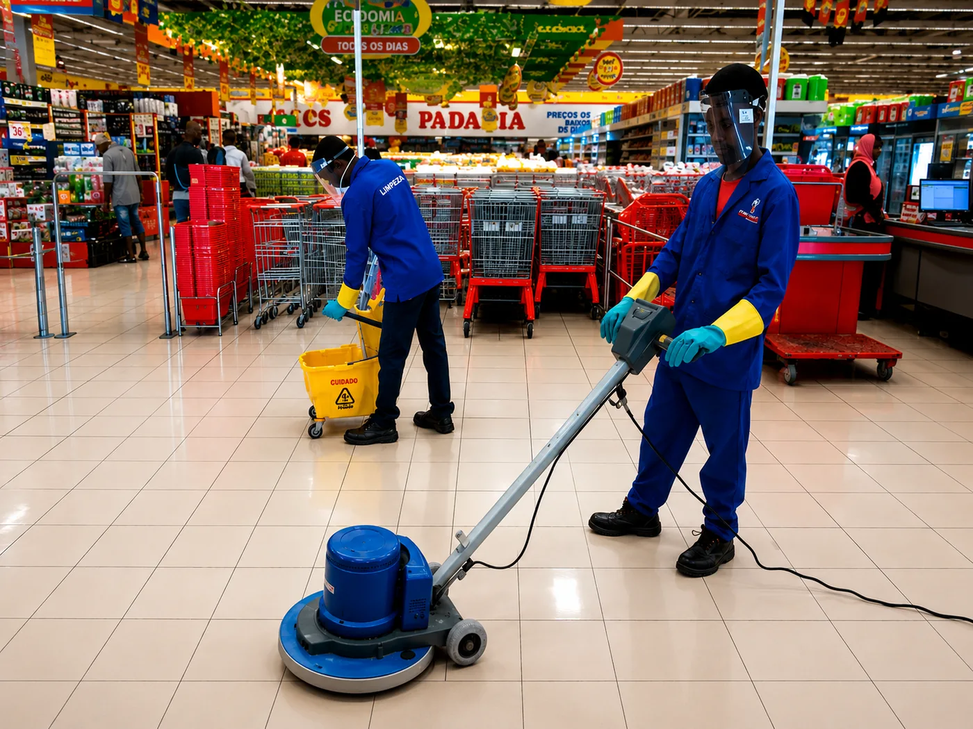 Técnico a operar máquina de lavagem de piso em supermercado